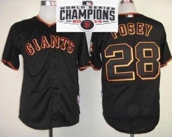 Youth San Francisco Giants #28 Buster Posey Black 2014 World Series Champions Patch Stitched MLB Baseball Jersey