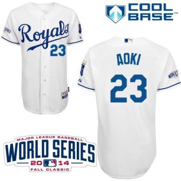Kansas City Royals #23 Norichika Aoki White Cool Base Stitched Baseball Jersey W 2014 World Series Patch