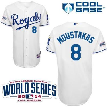 Kansas City Royals #8 Mike Moustakas White Stitched Cool Base Baseball Jersey W 2014 World Series Patch