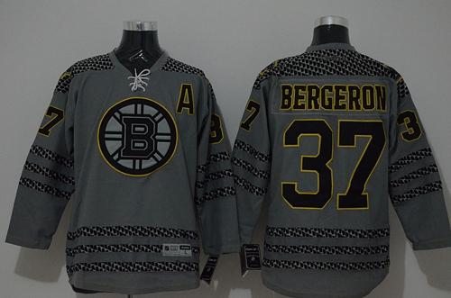 Boston Bruins #37 Patrice Bergeron Charcoal Cross Check Fashion Stitched NHL Jersey