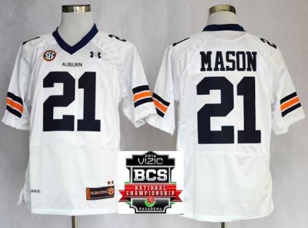 Auburn Tigers 21 Tre Mason White NCAA Football Jerseys 2014 Vizio BCS National Championship Game Patch