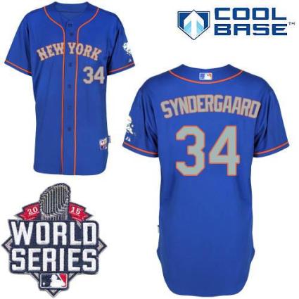 New York Mets #34 Noah Syndergaard Blue(Grey NO.) Alternate Road Cool Base W 2015 World Series Patch Stitched MLB Jersey