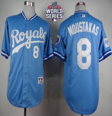 Royals #8 Mike Moustakas Light Blue 1985 Turn Back The Clock W 2015 World Series Patch Stitched Baseball Jersey