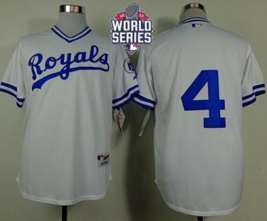 Royals #4 Alex Gordon White 1974 Turn Back The Clock W 2015 World Series Patch Stitched Baseball Jersey