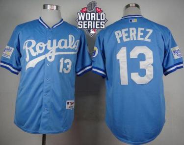 Royals #13 Salvador Perez Light Blue 1985 Turn Back The Clock W 2015 World Series Patch Stitched Baseball Jersey