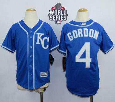 Youth Royals #4 Alex Gordon Blue Cool Base W 2015 World Series Patch Stitched Baseball Jersey