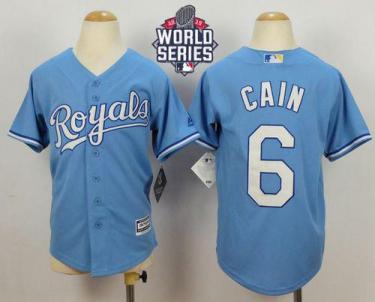 Youth Royals #6 Lorenzo Cain Blue Cool Base Alternate 1 W 2015 World Series Patch Stitched Baseball Jersey