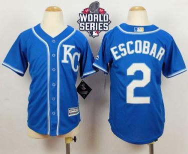 Youth Royals #2 Alcides Escobar Blue Alternate 2 Cool Base W 2015 World Series Patch Stitched Baseball Jersey
