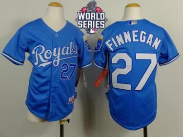 Youth Royals #27 Brandon Finnegan Light Blue Cool Base Alternate 1 W 2015 World Series Patch Stitched Baseball Jersey