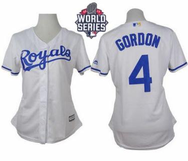 Women's Royals #4 Alex Gordon White Home W 2015 World Series Patch Stitched Baseball Jersey