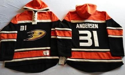 Anaheim Ducks 31 Frederik Andersen Black Sawyer Hooded Sweatshirt Stitched NHL Jersey