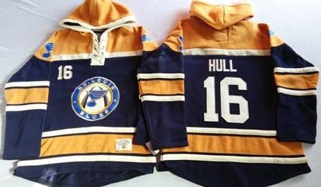 St. Louis Blues 16 Brett Hull Navy Blue Gold Sawyer Hooded Sweatshirt Stitched NHL Jersey