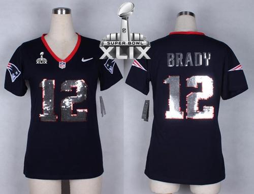 Women's Nike Patriots #12 Tom Brady Navy Blue Super Bowl XLIX Stitched NFL Elite Handwork Sequin Lettering Jersey