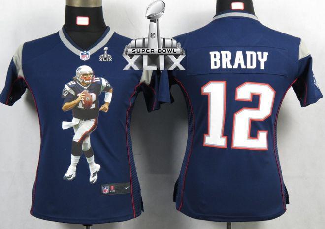 Women's Nike Patriots #12 Tom Brady Navy Blue Team Color Super Bowl XLIX Portrait Fashion NFL Game Jersey