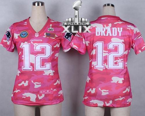 Women's Nike Patriots #12 Tom Brady Pink Super Bowl XLIX Stitched NFL Elite Camo Fashion Jersey