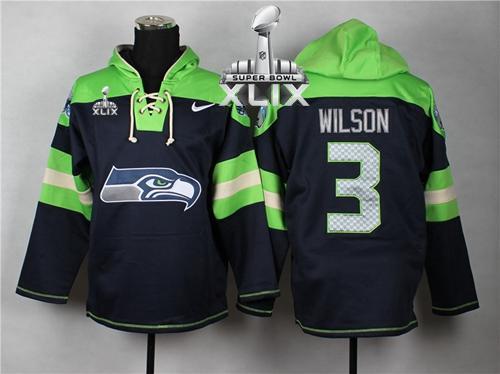 Nike Seahawks #3 Russell Wilson Navy Blue Super Bowl XLIX Player Pullover NFL Hoodie