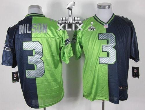 Nike Seahawks #3 Russell Wilson Steel Blue Green Super Bowl XLIX Men's Stitched NFL Elite Split Jerse