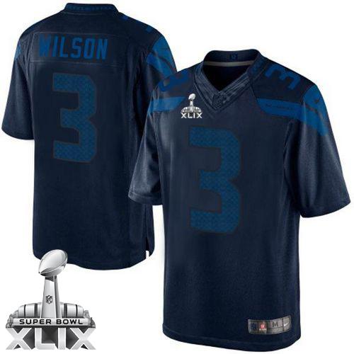 Nike Seahawks #3 Russell Wilson Steel Blue Super Bowl XLIX Men's Stitched NFL Drenched Limited Jersey