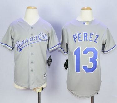 Youth Kansas City Royals #13 Salvador Perez Grey Cool Base Stitched MLB Jersey