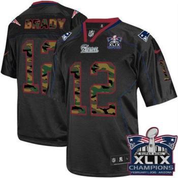 New England Patriots #12 Tom Brady Black Super Bowl XLIX Champions Patch Men's Stitched NFL Elite Camo Fashion Jersey