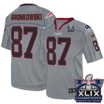 New England Patriots #87 Rob Gronkowski Lights Out Grey Super Bowl XLIX Champions Patch Men's Stitched NFL Elite Jersey