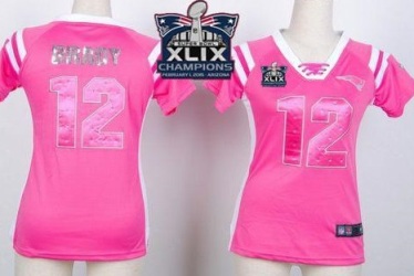 Women's New England Patriots #12 Tom Brady Pink Super Bowl XLIX Champions Patch Stitched NFL Draft Him Shimmer Jersey