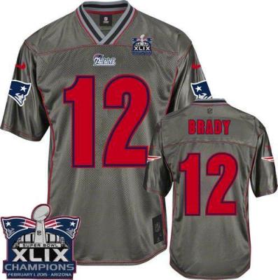 Youth New England Patriots #12 Tom Brady Grey Super Bowl XLIX Champions Patch Stitched NFL Vapor Jersey