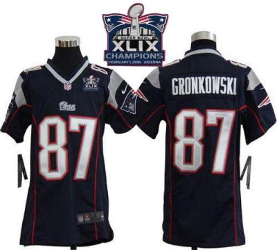 Youth New England Patriots #87 Rob Gronkowski Navy Blue Team Color Super Bowl XLIX Champions Patch Stitched NFL Jersey