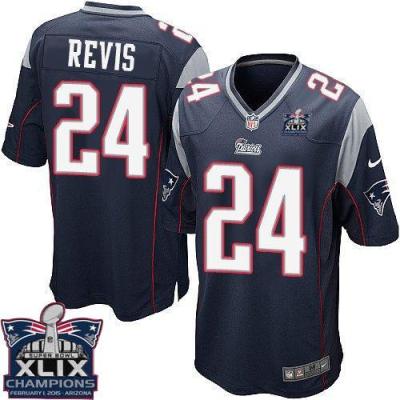Youth New England Patriots #24 Darrelle Revis Navy Blue Team Color Super Bowl XLIX Champions Patch Stitched NFL Jersey