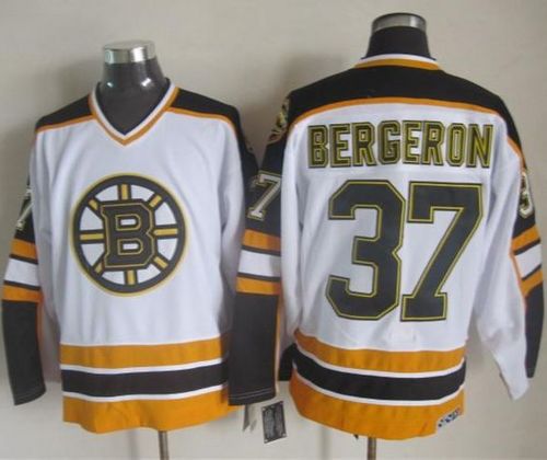 Bruins #37 Patrice Bergeron White Black CCM Throwback Stitched NHL Jersey
