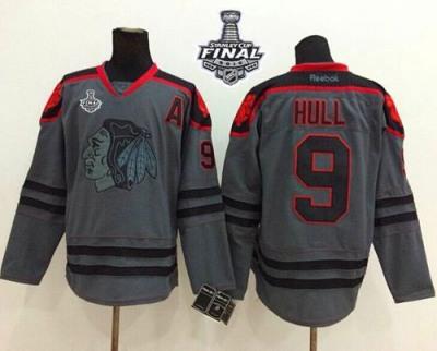Blackhawks #9 Bobby Hull Charcoal Cross Check Fashion 2015 Stanley Cup Stitched NHL Jersey