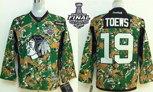 Youth Blackhawks #19 Jonathan Toews Camo Veterans Day Practice 2015 Stanley Cup Stitched NHL Jersey