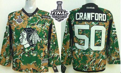 Youth Blackhawks #50 Corey Crawford Camo Veterans Day Practice 2015 Stanley Cup Stitched NHL Jersey