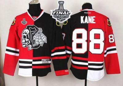 Blackhawks #88 Patrick Kane Red Black Split White Skull 2015 Stanley Cup Stitched NHL Jersey