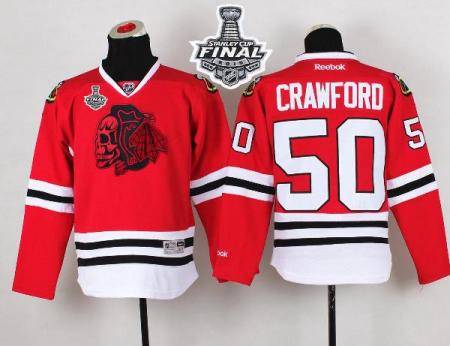 Youth Blackhawks #50 Corey Crawford Red(Red Skull) 2015 Stanley Cup Stitched NHL Jersey