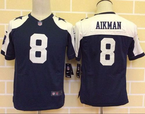 Youth Nike Cowboys #8 Troy Aikman Navy Blue Thanksgiving Throwback Stitched NFL Jersey