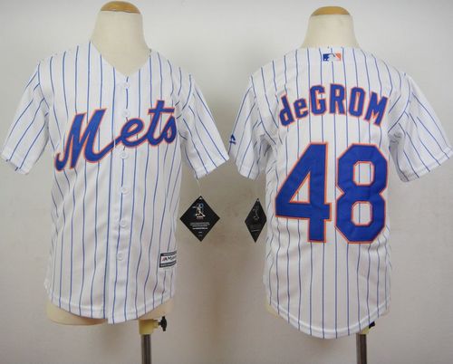 Youth Mets #48 Jacob DeGrom White(Blue Strip) Home Cool Base Stitched Baseball Jersey