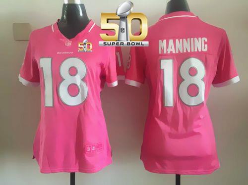 Women Nike Broncos #18 Peyton Manning Pink Super Bowl 50 NFL Elite Bubble Gum Jersey