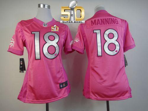 Women Nike Broncos #18 Peyton Manning Pink Super Bowl 50 Be Luv'd Stitched NFL Elite Jersey