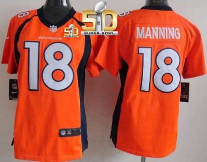 Women Nike Broncos #18 Peyton Manning Orange Team Color Super Bowl 50 NFL New Elite Jersey