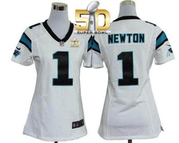 Women Nike Panthers #1 Cam Newton White Super Bowl 50 Stitched NFL Elite Jersey