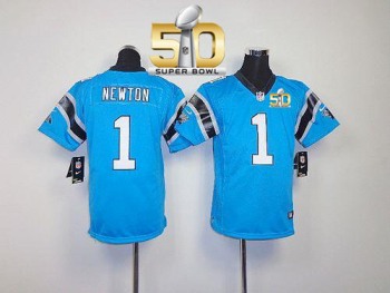 Youth Nike Panthers #1 Cam Newton Blue Alternate Super Bowl 50 Stitched NFL Elite Jersey