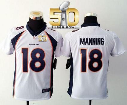 Youth Nike Broncos #18 Peyton Manning White Super Bowl 50 Stitched NFL Elite Jersey