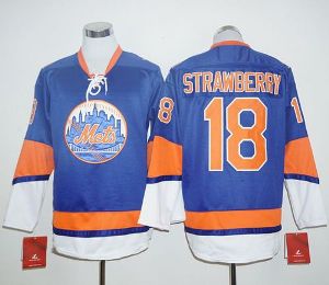 New York Mets #18 Darryl Strawberry Blue Long Sleeve Stitched Baseball Jersey
