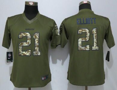 Womens Dallas Cowboys #21 Ezekiel Elliott New Nike Green Salute To Service NFL Stitched Limited Jersey