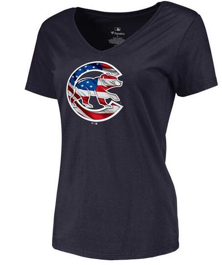 Womens Chicago Cubs Navy Banner Wave Slim Fit Baseball T-Shirt