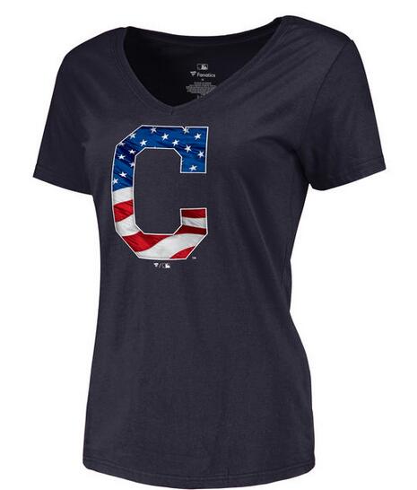 Womens Cleveland Indians Navy Banner Wave Slim Fit Baseball T-Shirt