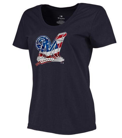 Women's Milwaukee Brewers Navy Plus Sizes MLB Baseball Banner Wave T-Shirt