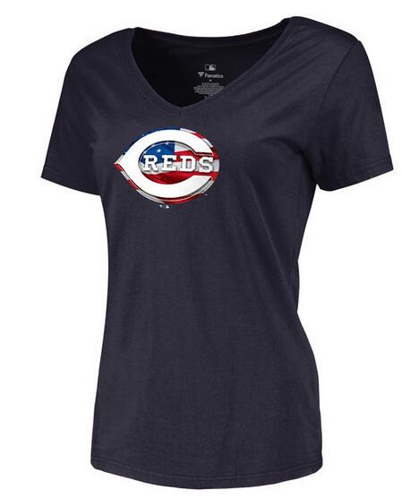 Womens Cincinnati Reds Navy Banner Wave Slim Fit Baseball T-Shirt