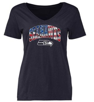 Womens Seattle Seahawks Pro Line Navy Banner Wave Slim Fit V-Neck T-Shirt